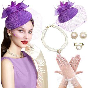 7Pcs Tea Party Accessories Set Hats Gloves Jewelry for Women Vintage Elegant